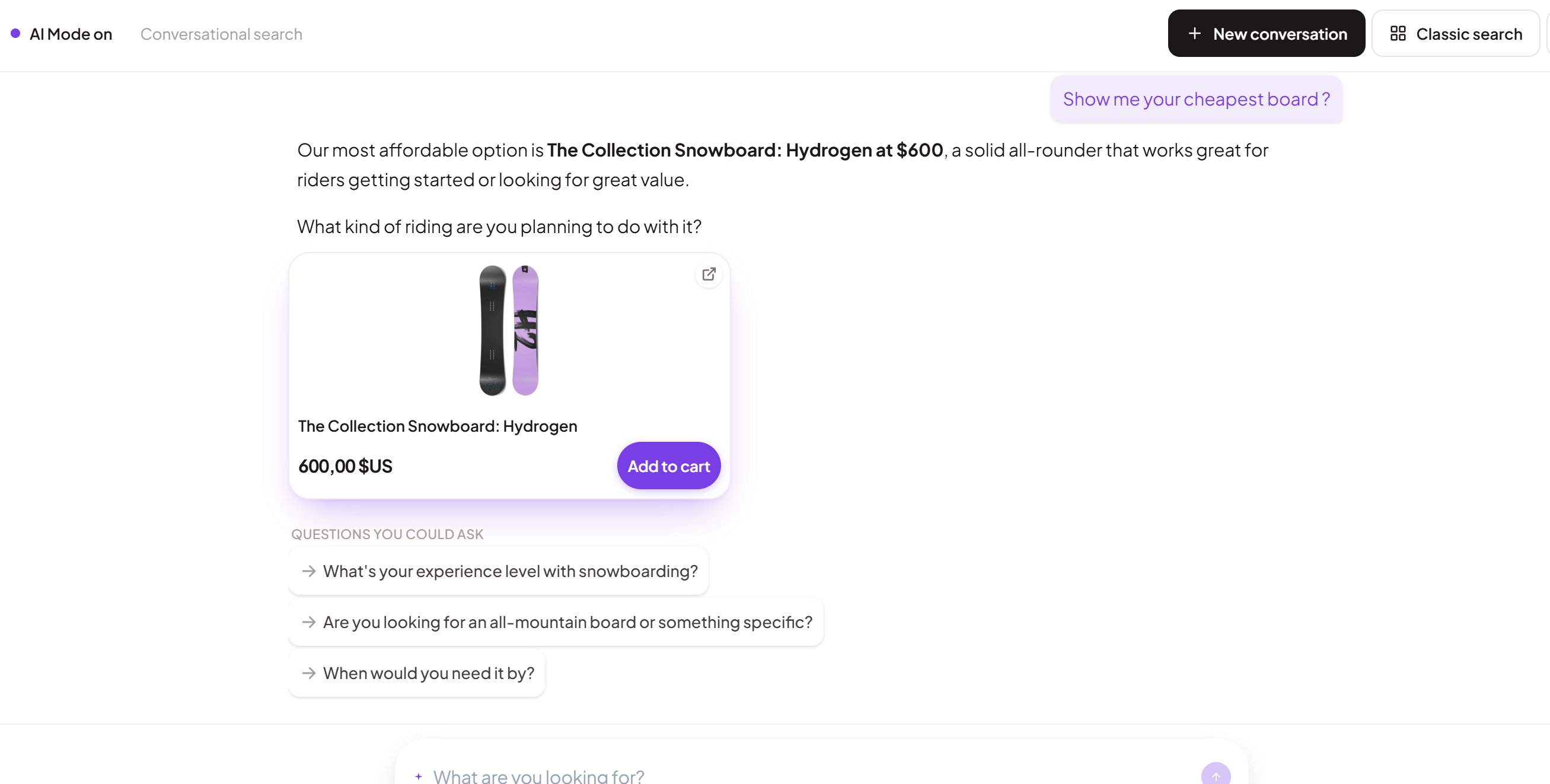 Storefront: AI Mode conversation with a product card